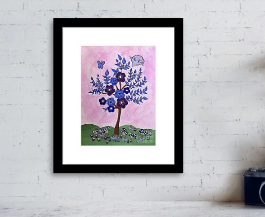 Black frame with White Mat nursery art print an abstract tree with blue leaves and purple flowers for nursery