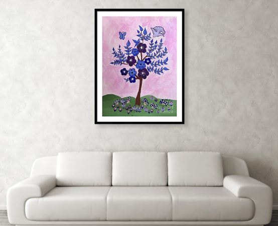 Art Print of abstract tree with blue leaves and purple flowers for a nursery in a black frame 