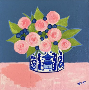 Original Painting, Chinoiserie Vase with abstract flowers and a blue background