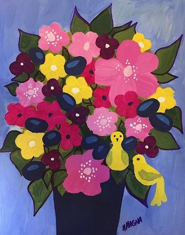 a bouquet of flowers in a blue vase with light blue background and pink and blue flowers and two yellow birds